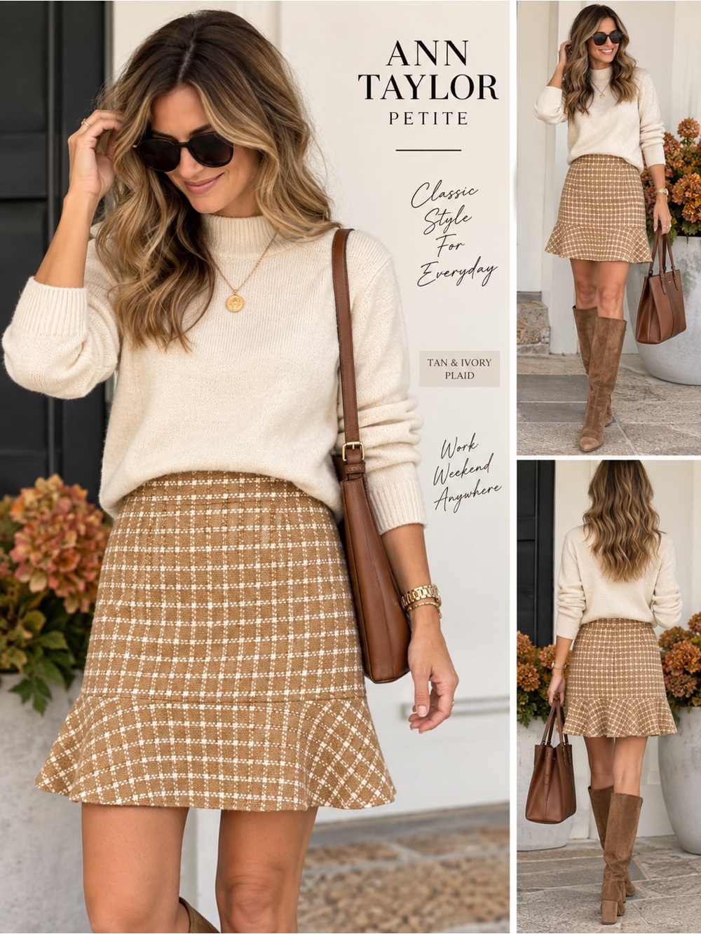 Ann Taylor Petite Tan Ivory Plaid Tweed Flounce Hem Skirt Size 8P